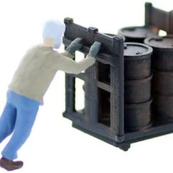 O Scale People, Warehouse Worker Pushing Loaded Oil Drum Dolly, Finished Set