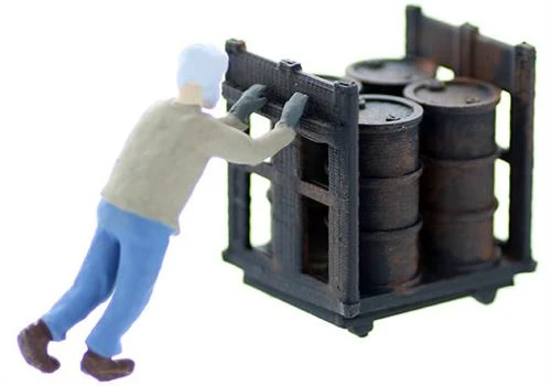 O Scale People, Warehouse Worker Pushing Loaded Oil Drum Dolly, Finished Set 3 O Scale People, Warehouse Worker Pushing Loaded Oil Drum Dolly, Finished Set